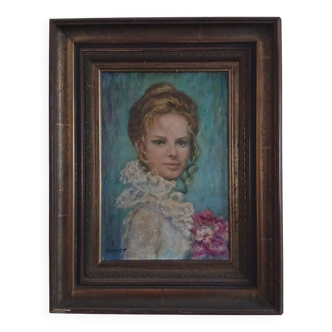 Tableau from the 20th century signed, depicting a woman with a bouquet.