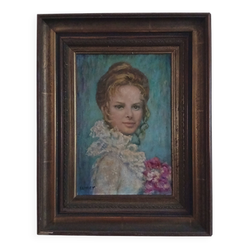 Tableau from the 20th century signed, depicting a woman with a bouquet.