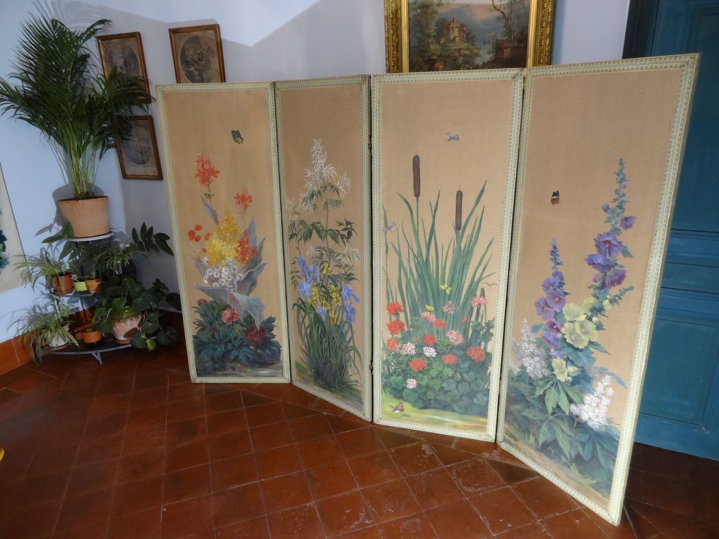 Four-leaf screen with floral decoration oil on canvas 2.40 x 1.69 m