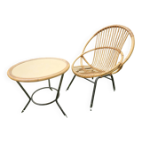 Vintage rattan armchair and coffee table attributed to Rohe Noordwolde