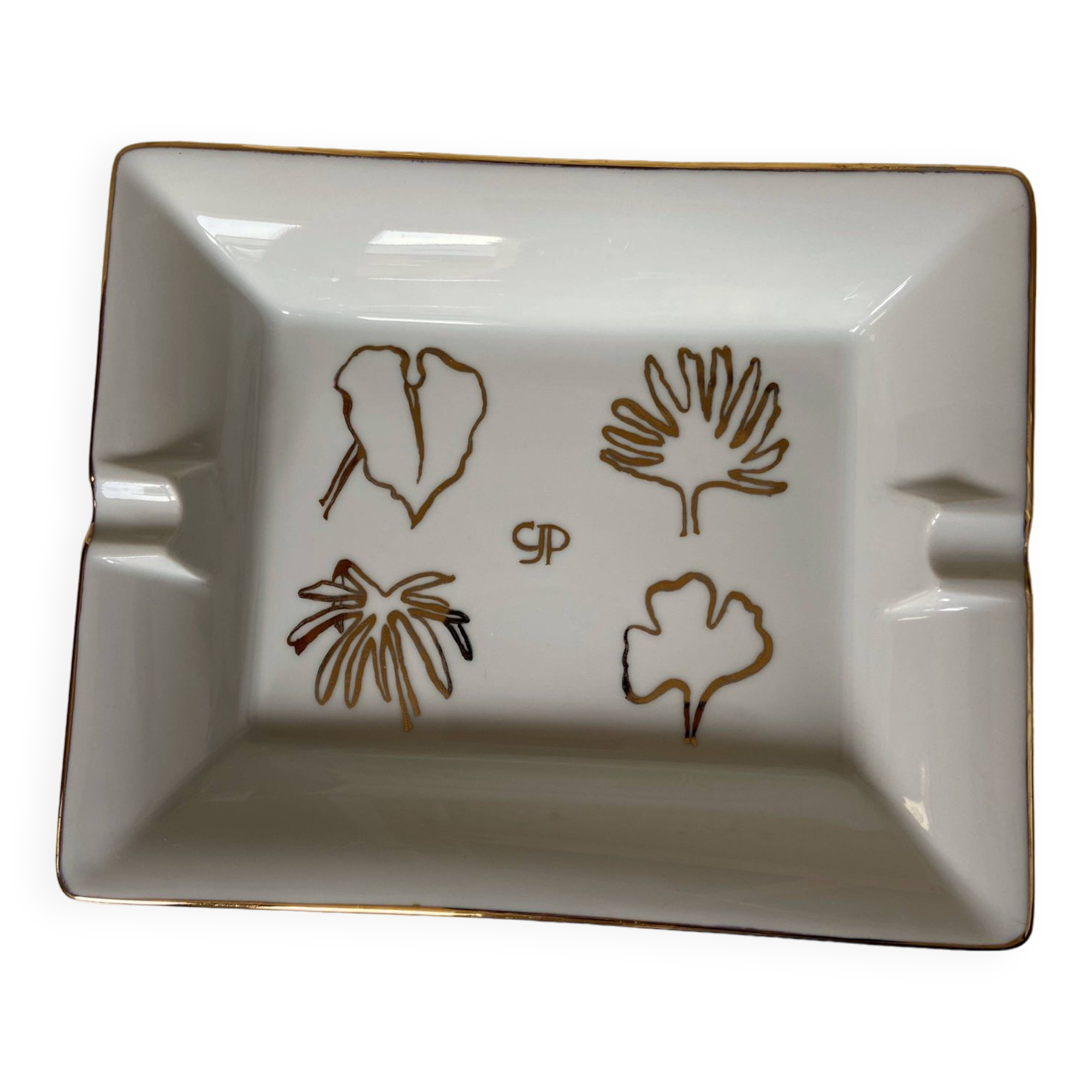 Old rectangular Limoges Porcelain Ashtray: Leaf designs signed GP