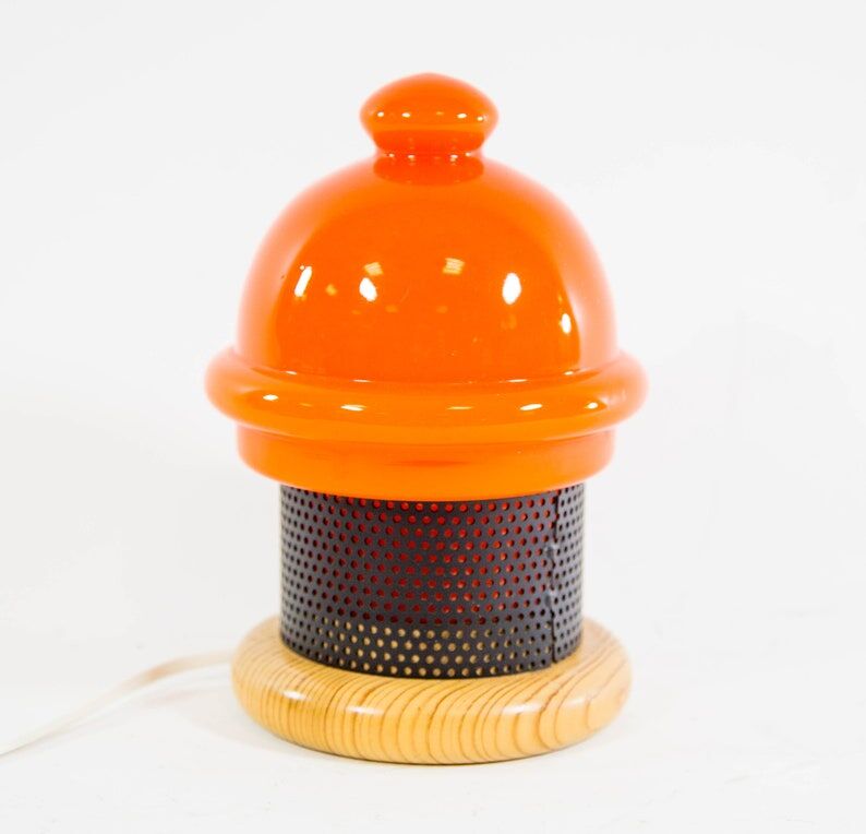 Vintage table lamp in orange glass and black perforated metal 70s