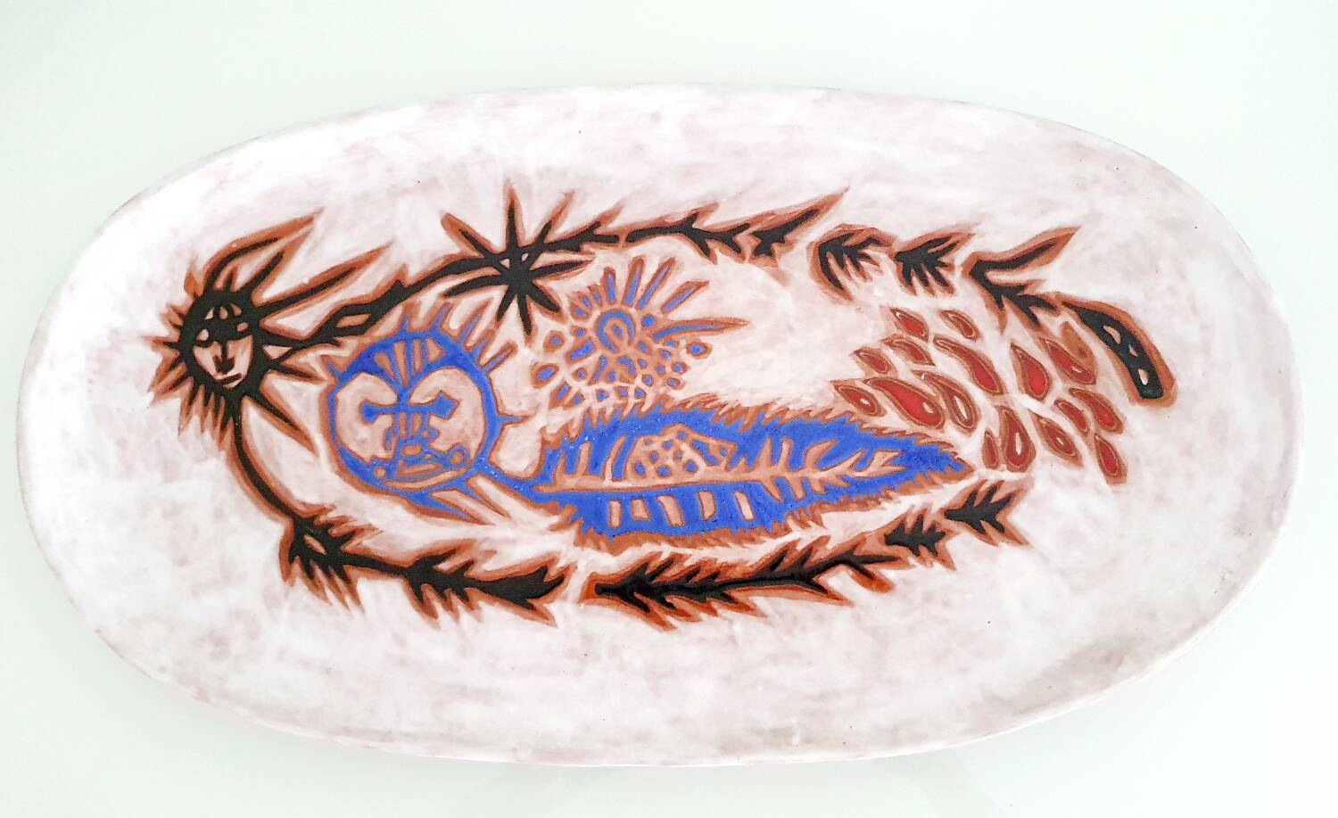Large oval enamelled terracotta dish by Jean Lurçat from the 1950s