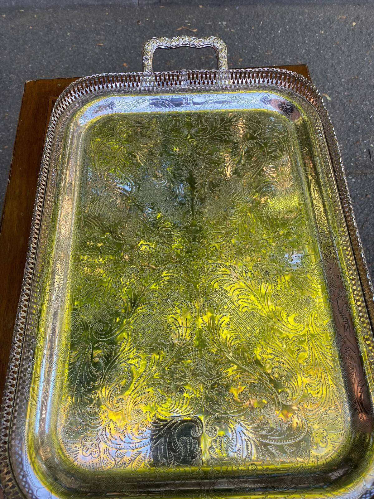 Sculpted silver serving tray