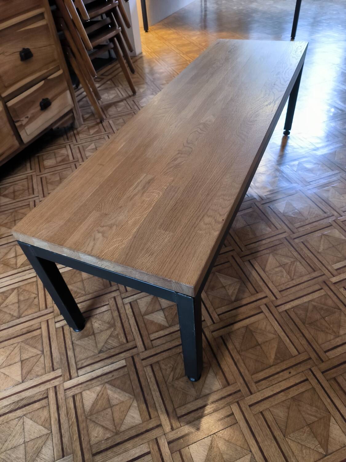 Large oak and steel bench
