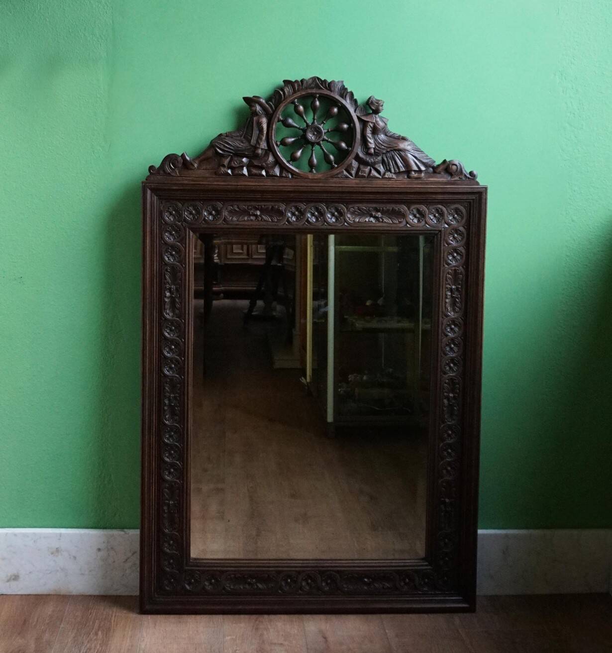 Breton Wall Mirror in Carved Oak, France, 1900s