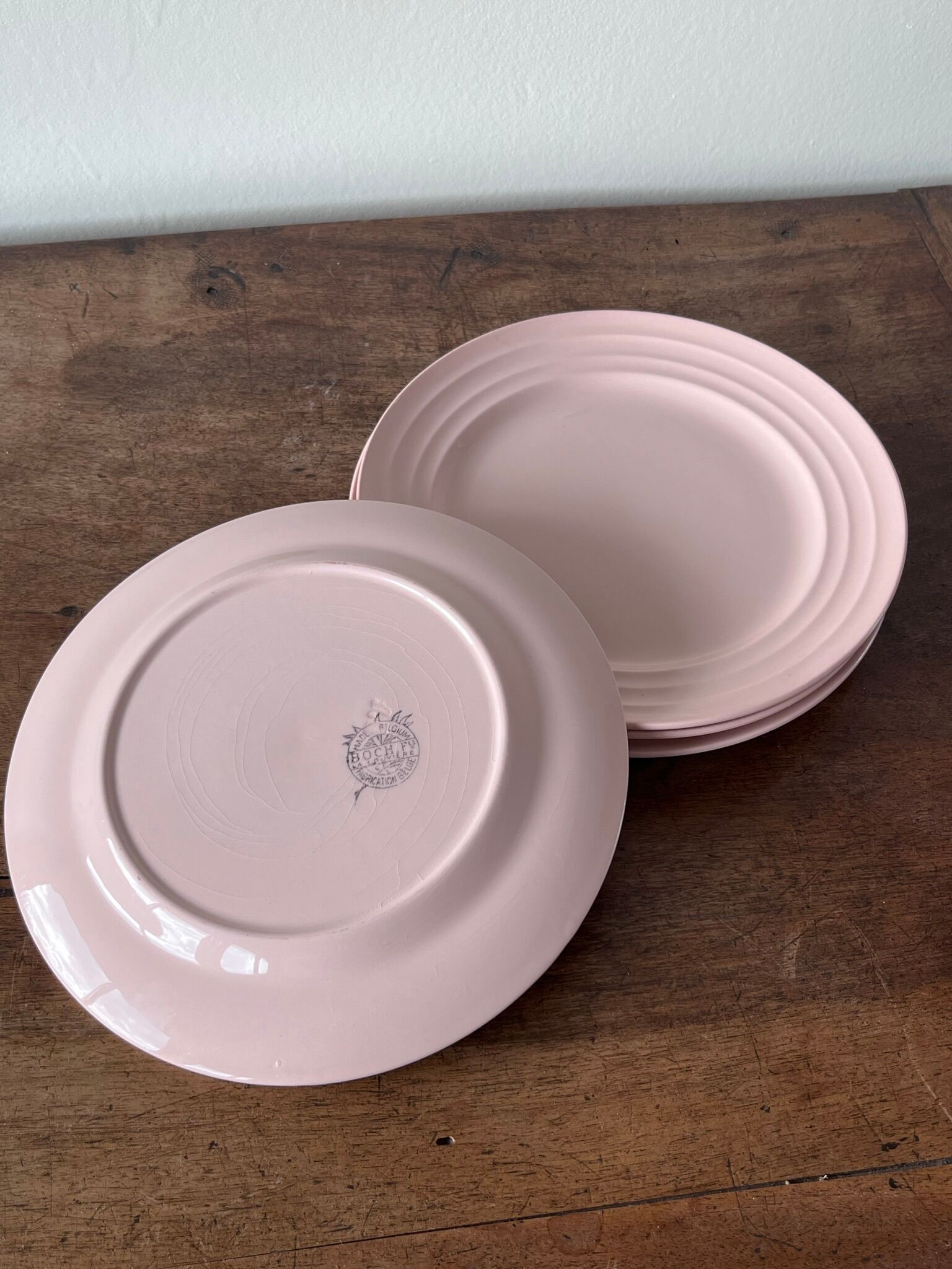 4 soft pink dessert plates Boch Frères - La Louvière BELGIUM.
