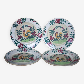 Old plate X 4, Creil and Montereau HBCM earthenware plate, hand-painted rooster plate, art d