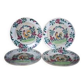 Old plate X 4, Creil and Montereau HBCM earthenware plate, hand-painted rooster plate, art d