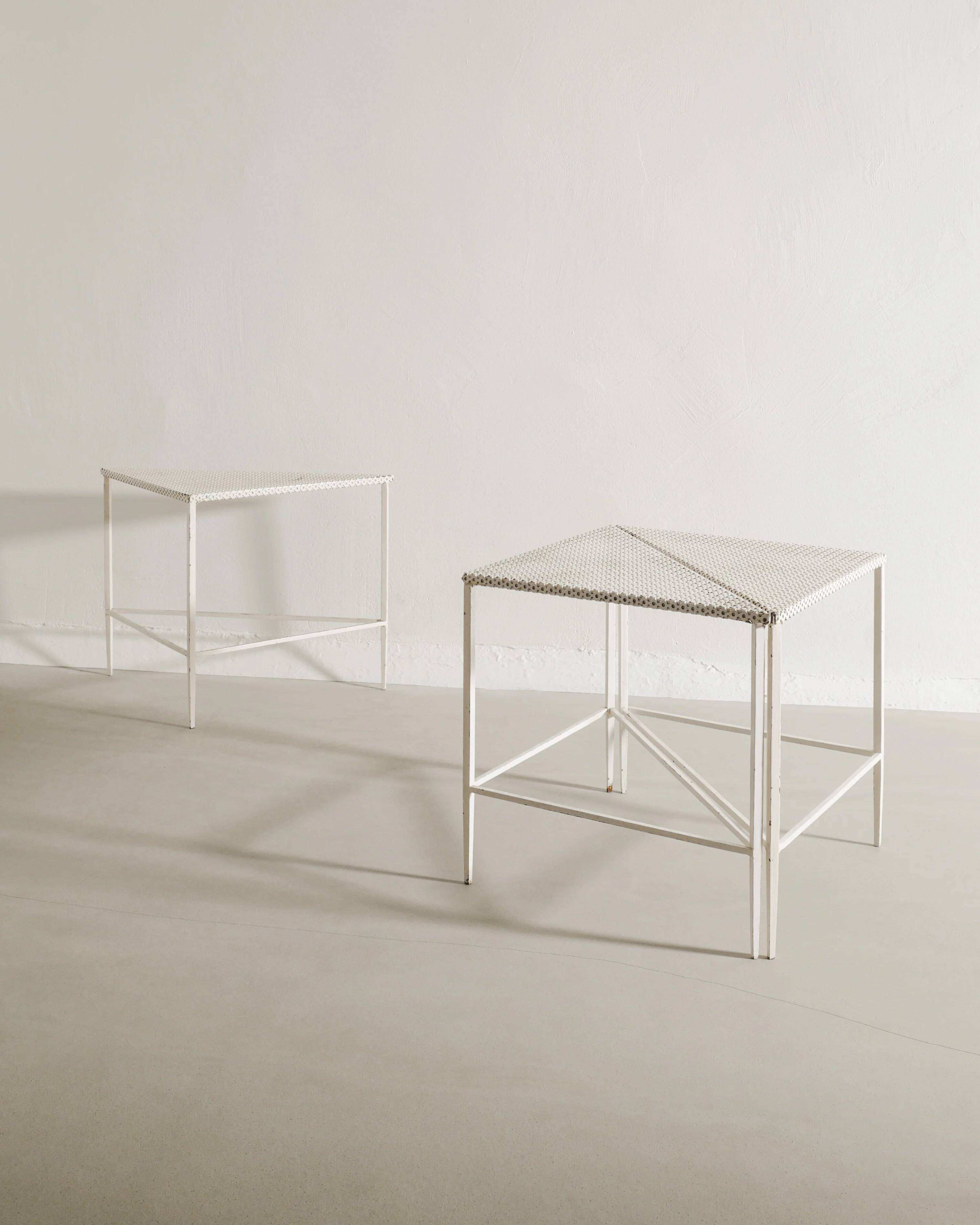 Set of Three French White Metal Side Tables by Mathieu Matégot, 1950s