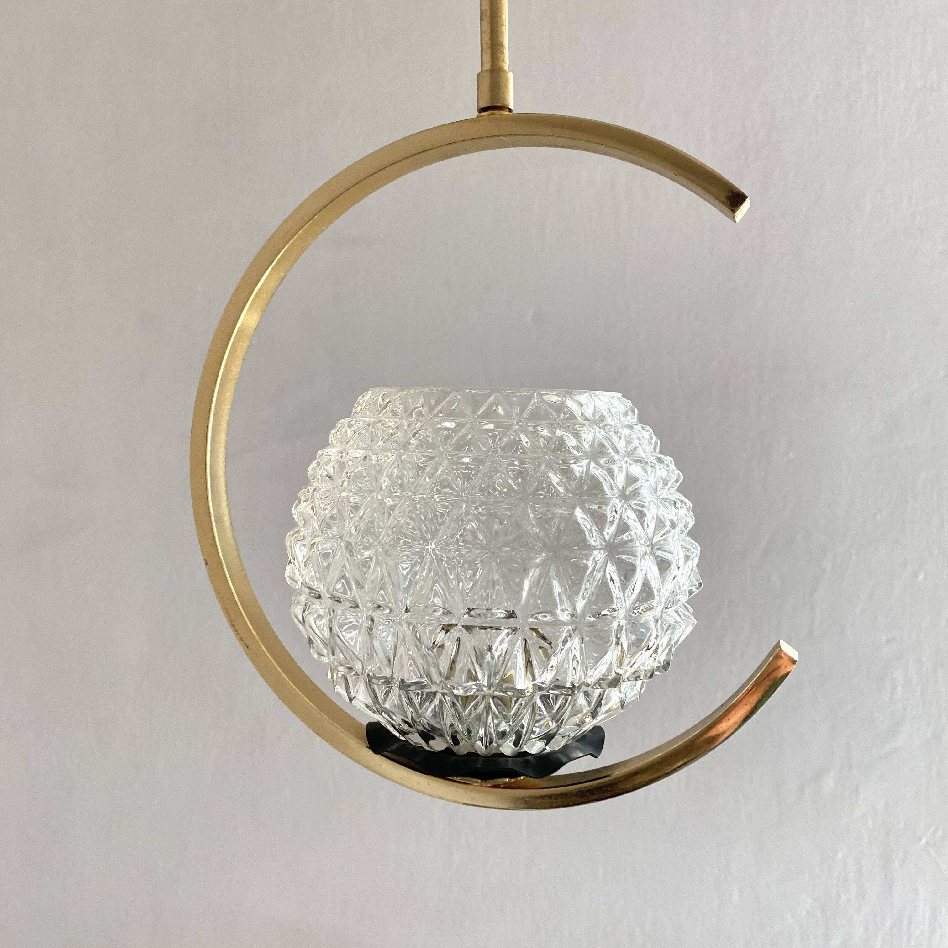 60s Arlus style pendant light, brass and glass