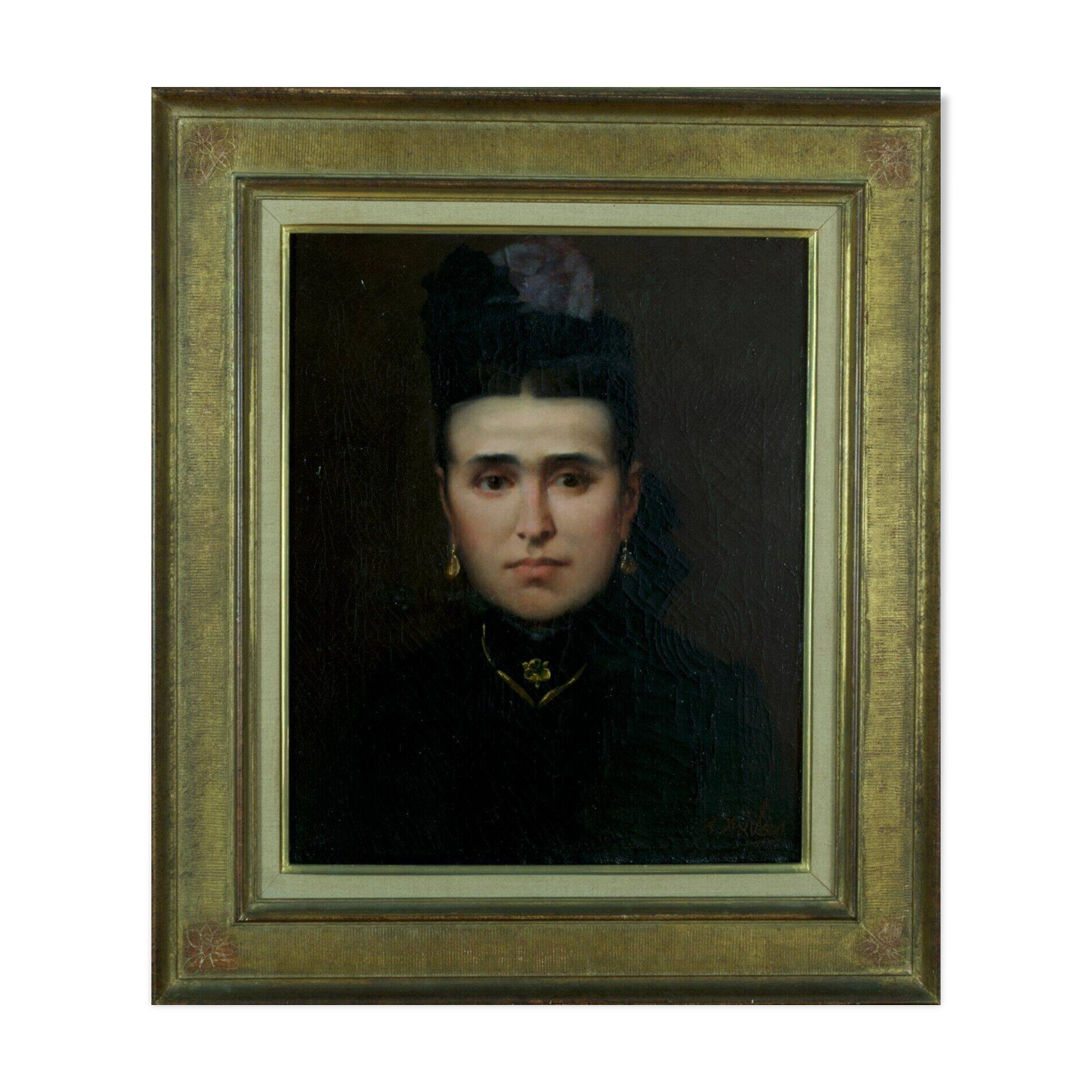 Beau portrait du 19e siècle d'une jeune femme en robe à ruban bleu.