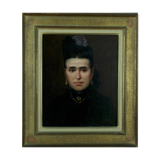 Beau portrait du 19e siècle d'une jeune femme en robe à ruban bleu.