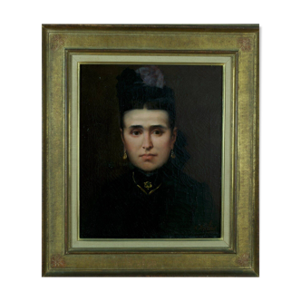 Beau portrait du 19e siècle d'une jeune femme en robe à ruban bleu.