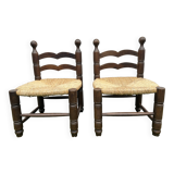 Pair of old low chairs in wood and straw