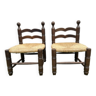 Paire de chaises basses anciennes en bois et paille