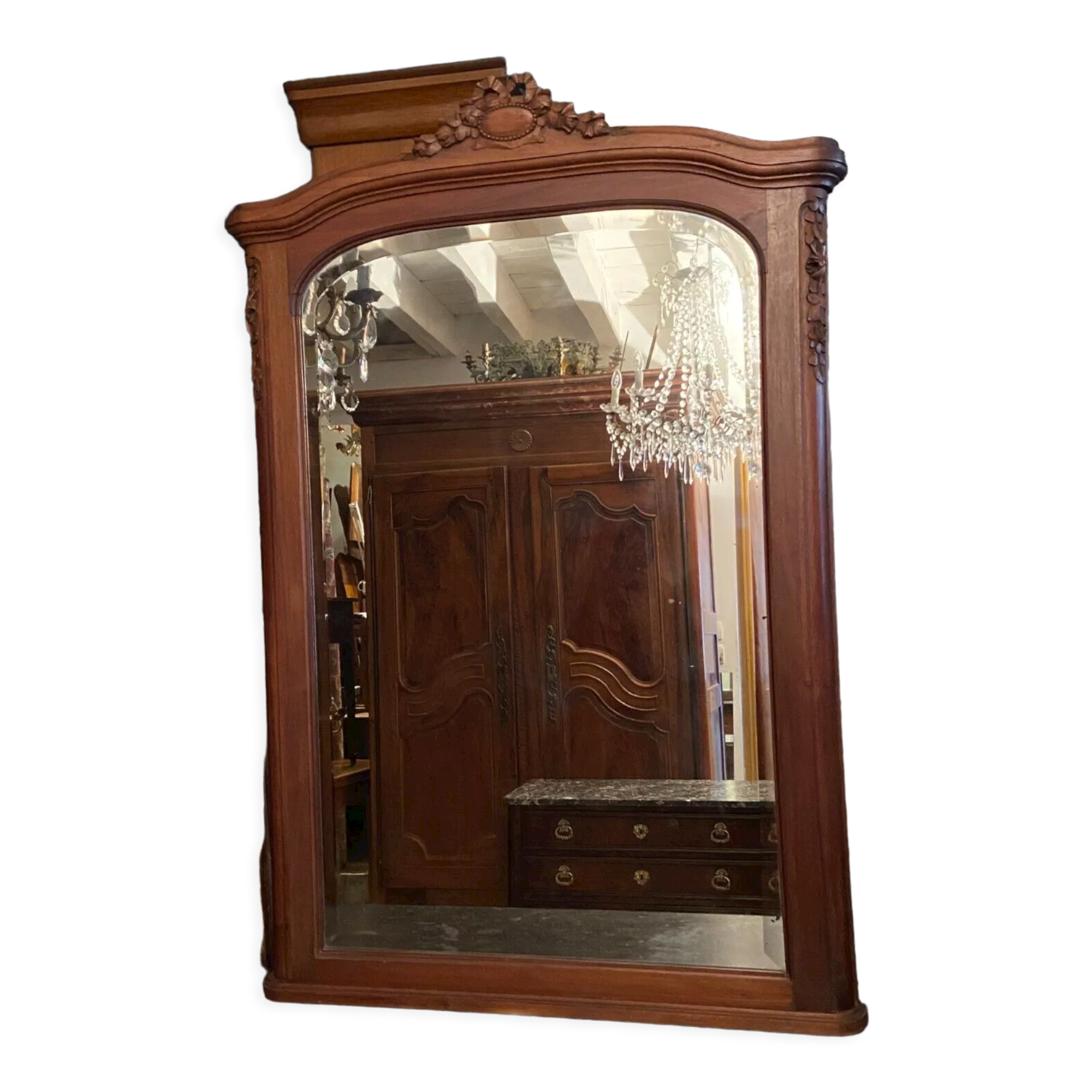 Beveled mirror trumeau fireplace glass in solid walnut Louis XVI style