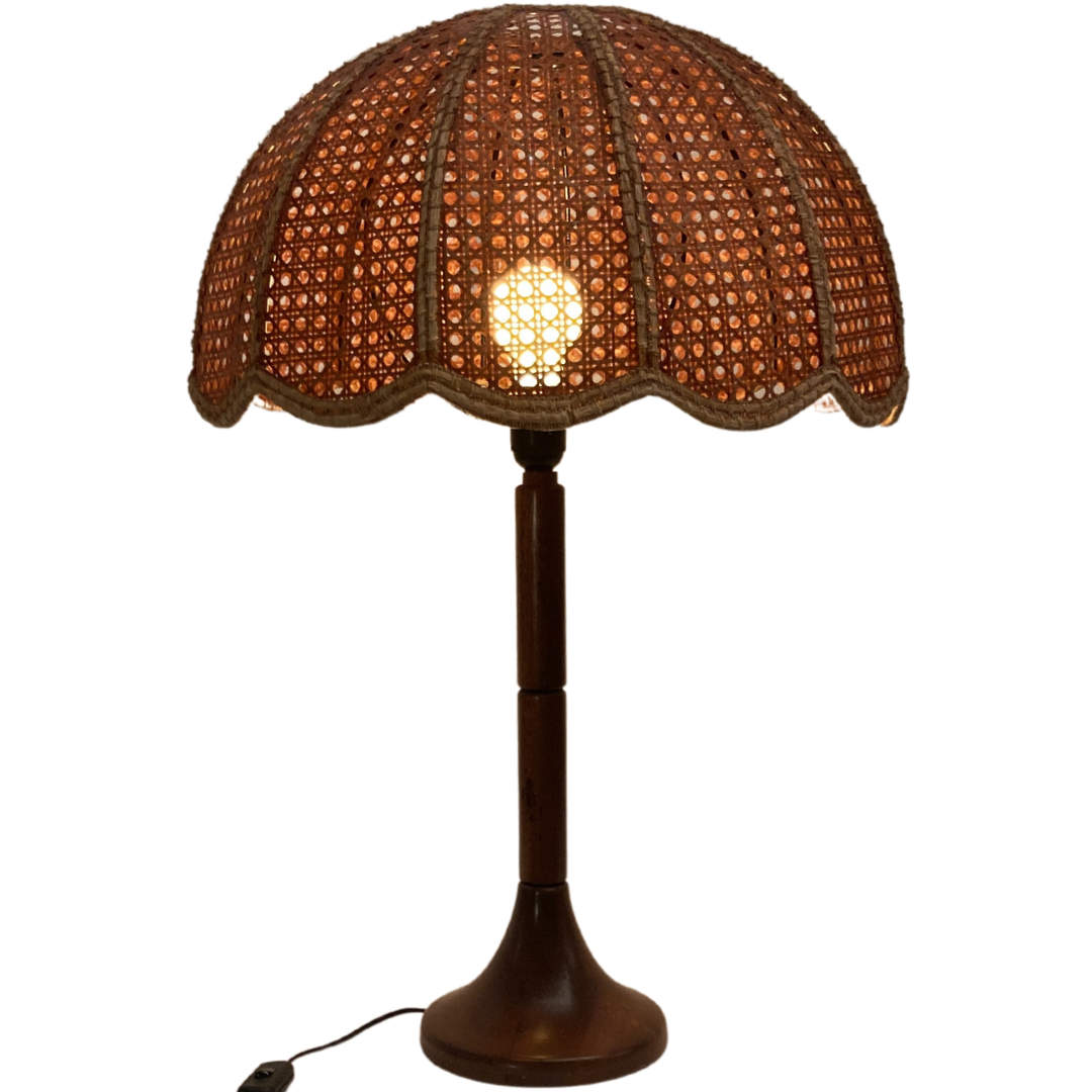 Lampe de table d’abat-jour de champignon en fausse toile de bambou, années 1960