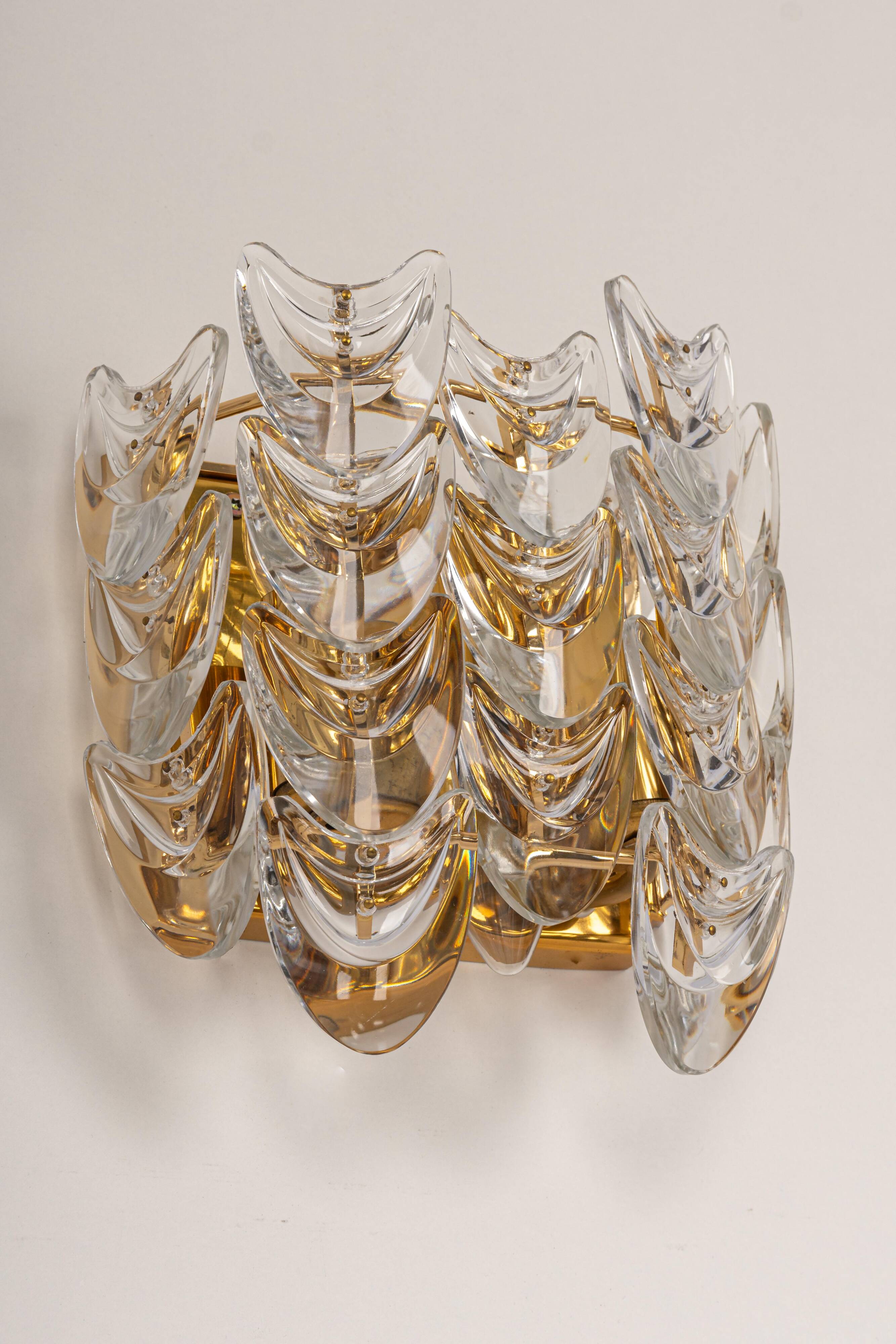Pair of wall sconces in gilded brass and crystal, Sciolari design, Palwa, Germany, 1960s.