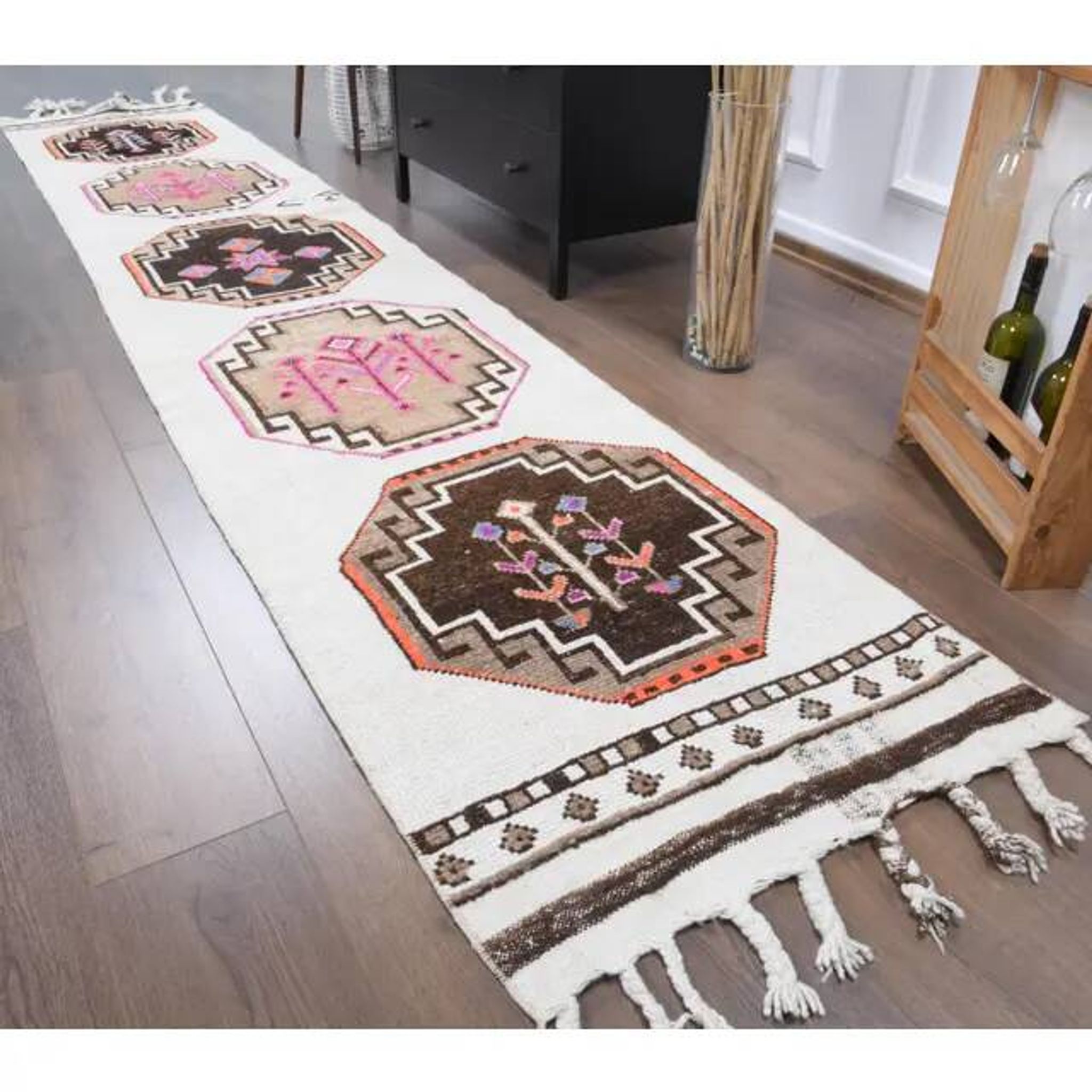 1980s Vintage Turkish Hand-Knotted Wool Cotton White Runner Rug 75x385