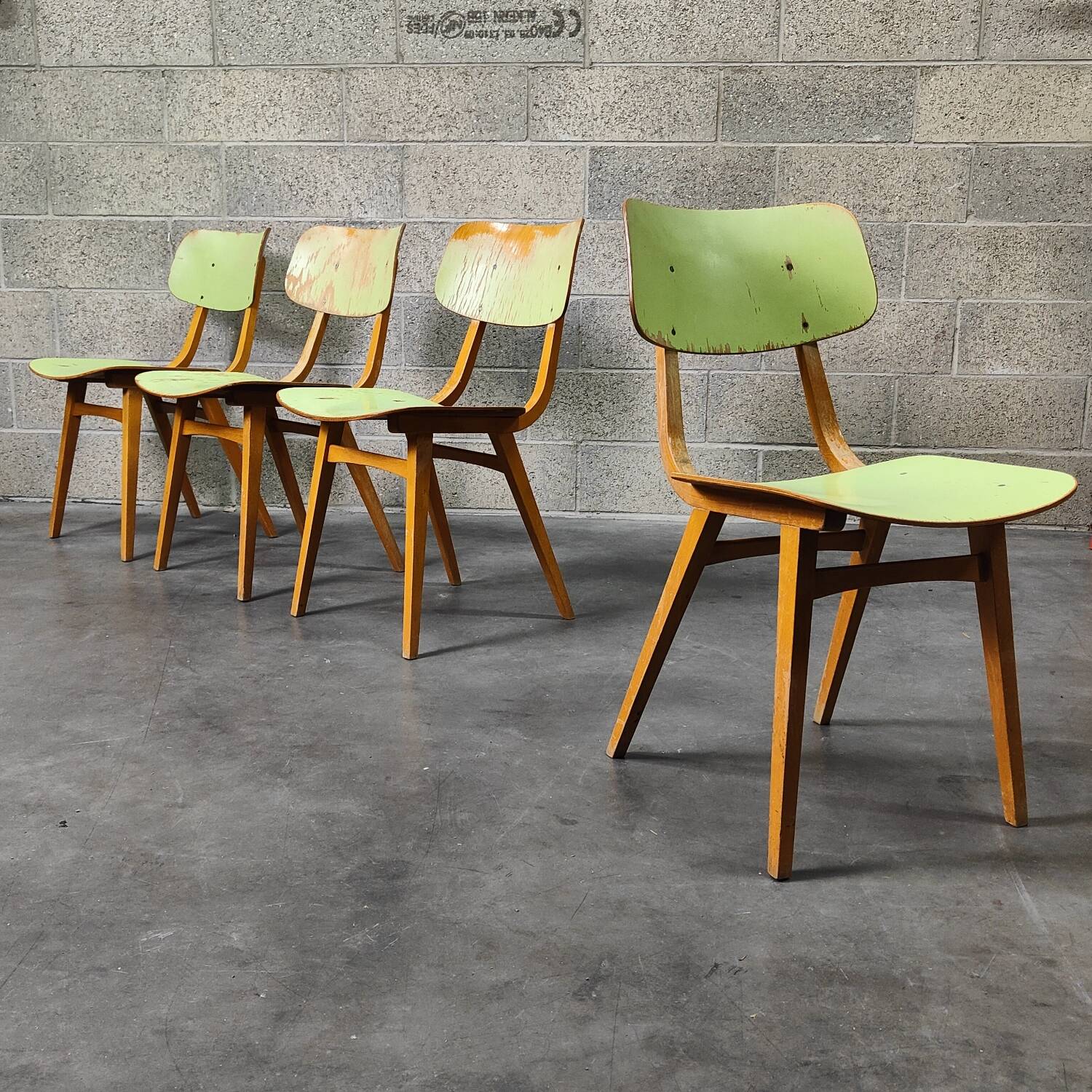 Set of 4 Tatra Nabytok green wood chairs 1960