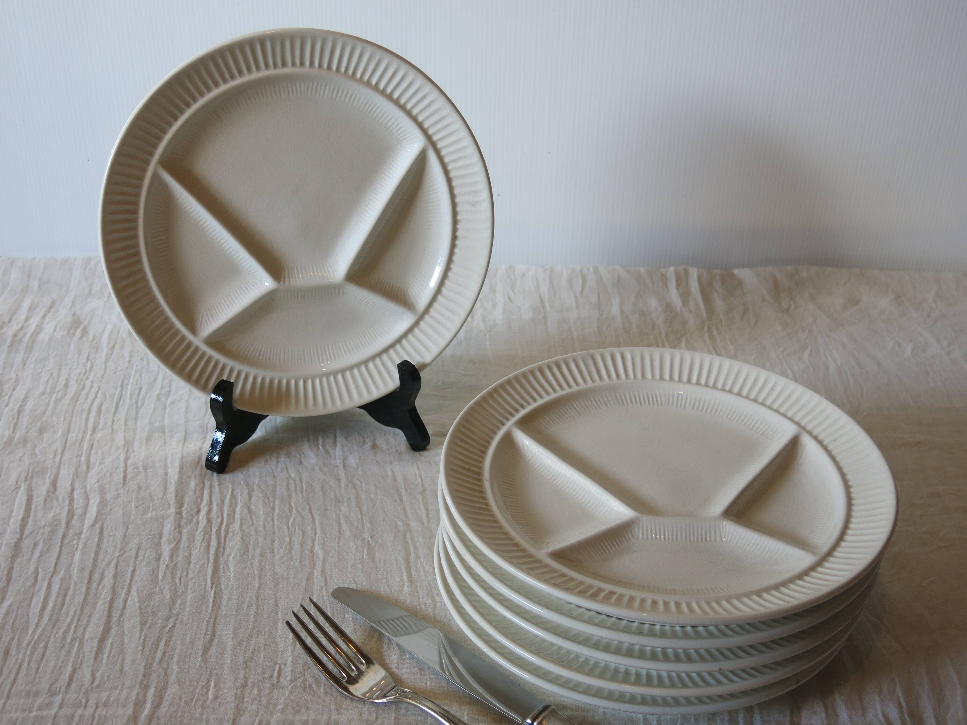 6 white Sarreguemines compartment plates