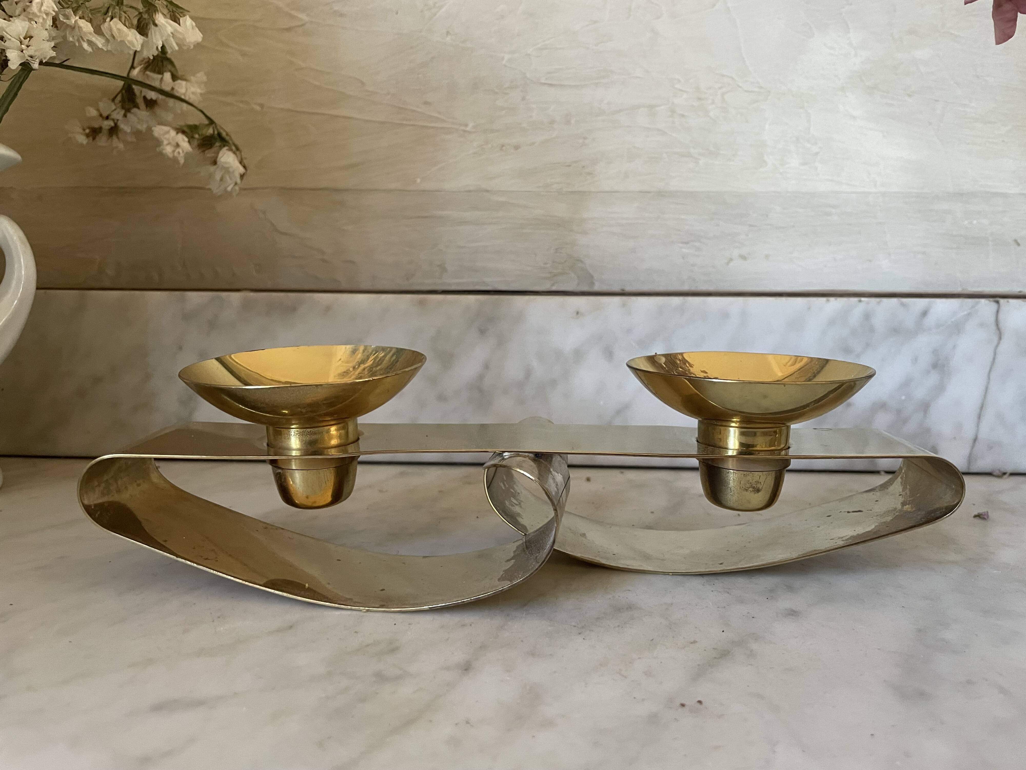 Vintage double Scandinavian candlestick in brass
