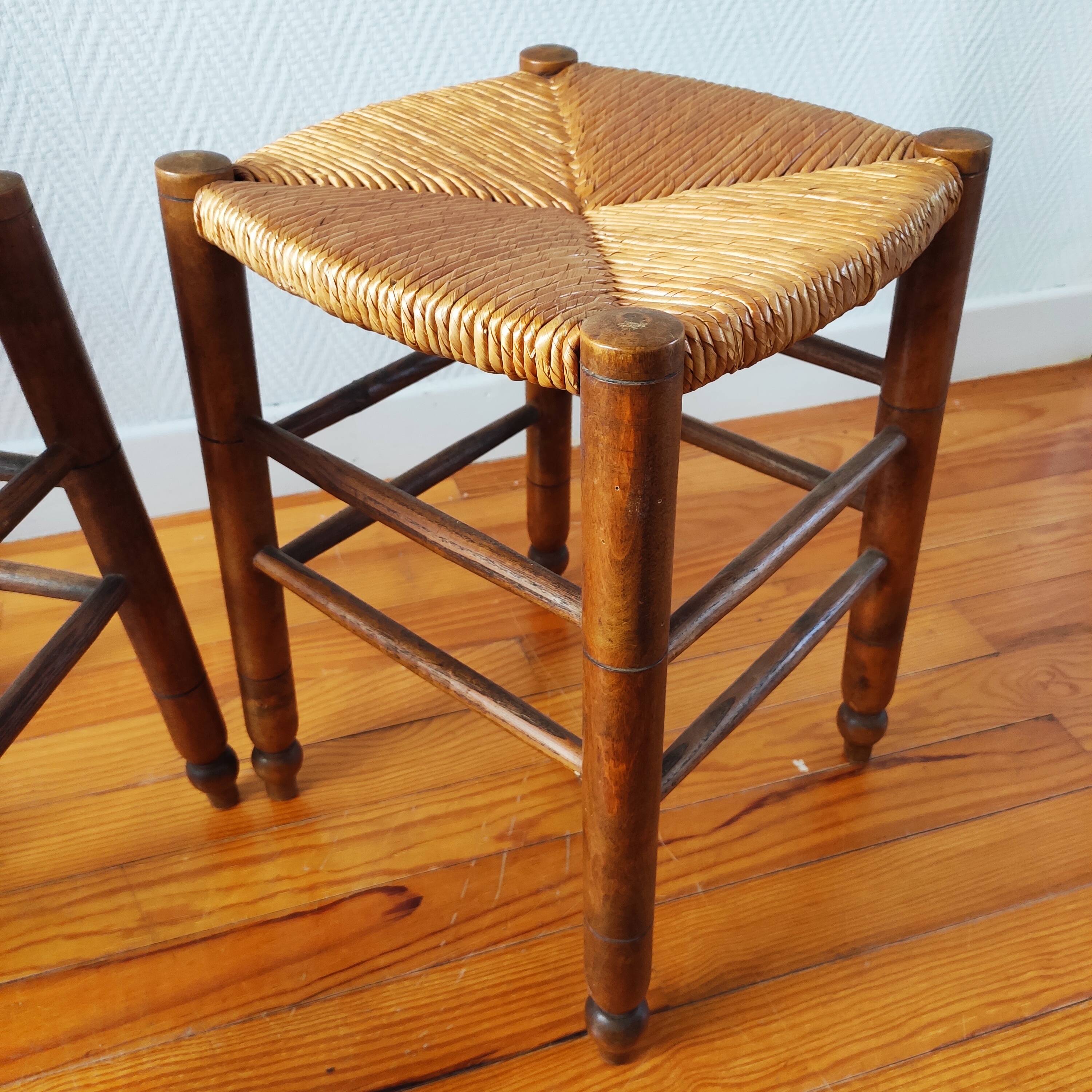 Pair of stools with straw seats, 1960