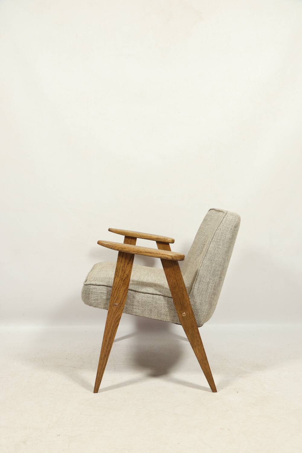 Vintage armchair in natural rustic oak wood herringbone fabric modern design by Chierovsky