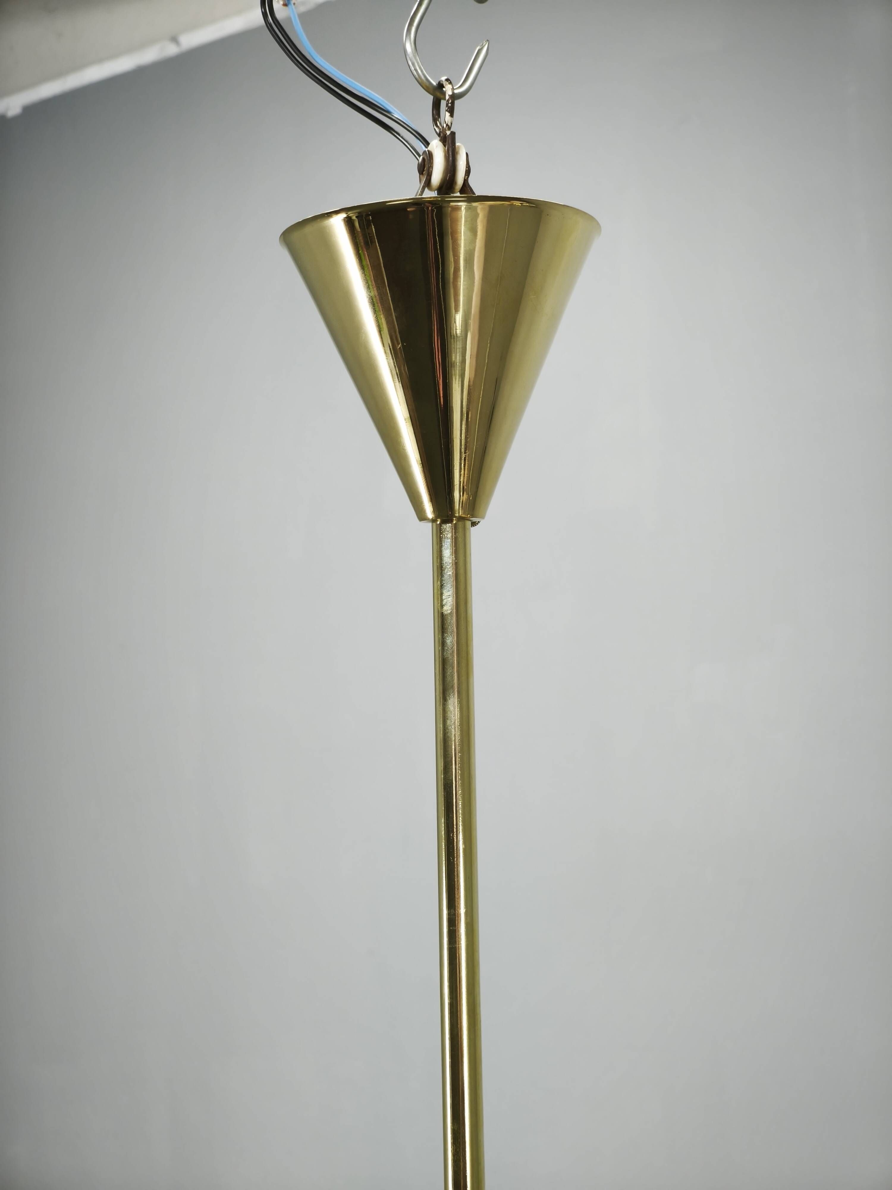 1930s Art Deco Brass and Opaline Glass Globe Chandelier, Czechoslovakia