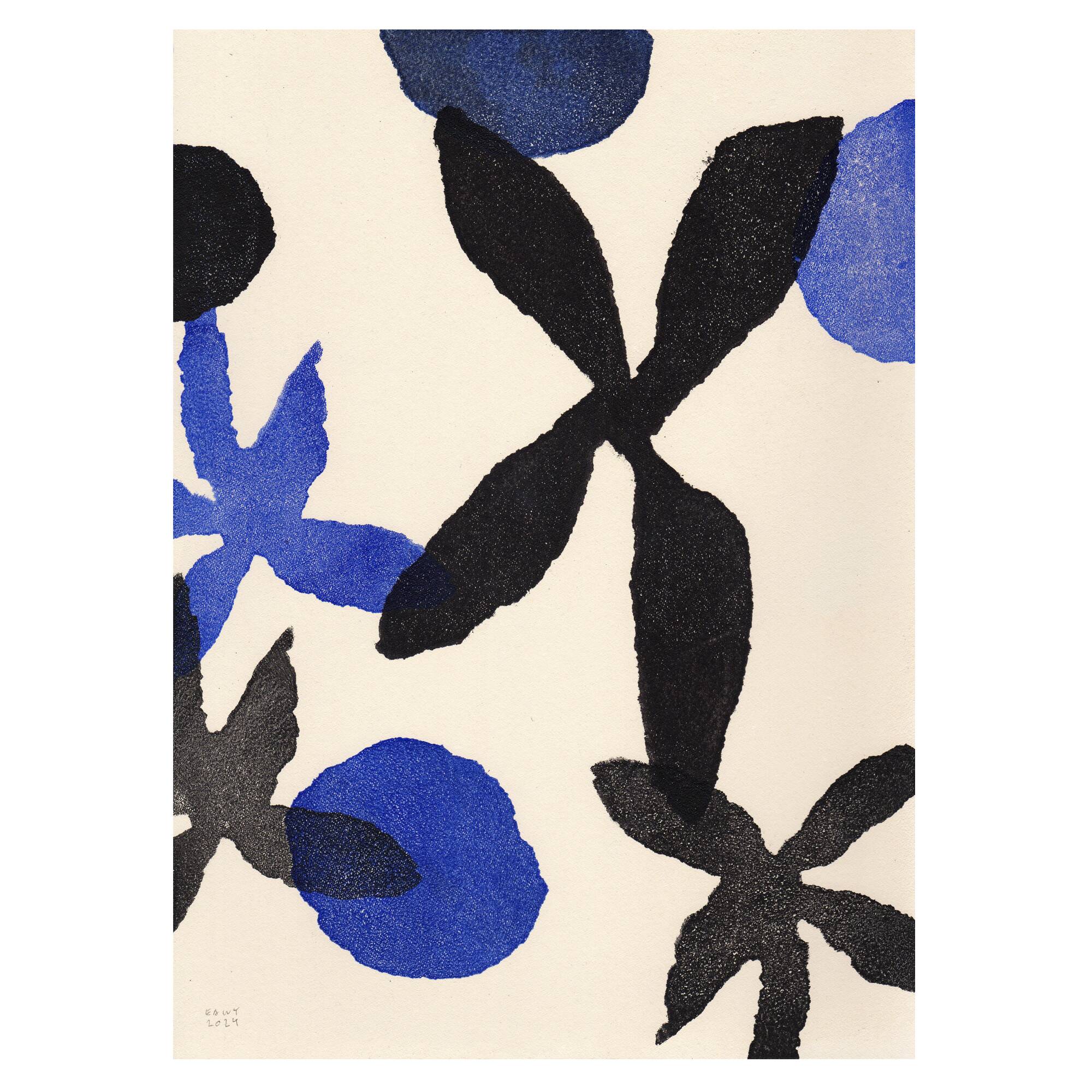 Painting on paper 30x40cm illustration of blue and black flowers signed eawy