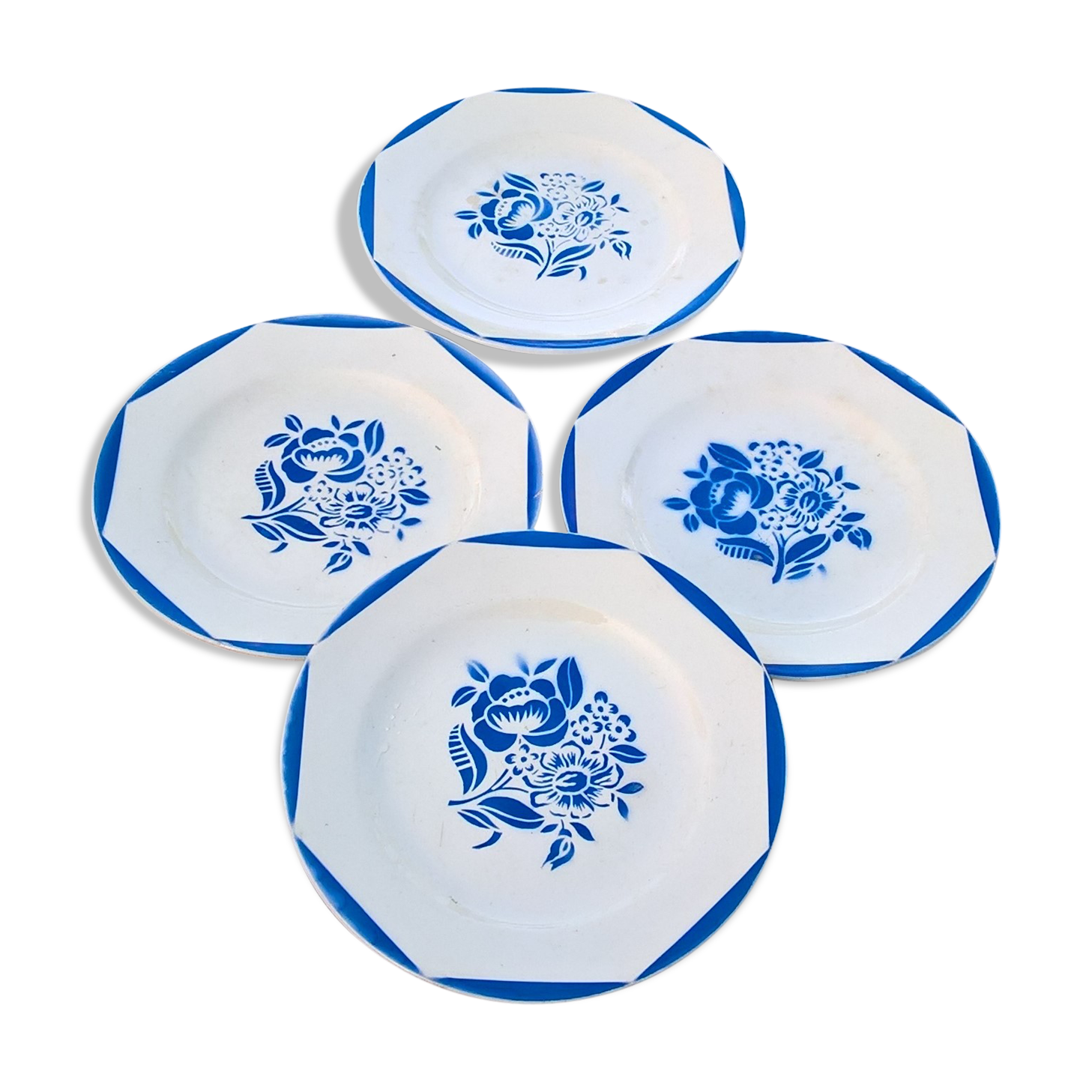 Lot of 4 plates in faience Digoin Sarreguemines "Blue Flower"