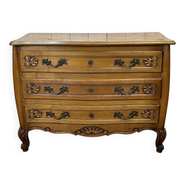 Commode de style Louis XV des années 1950 en merisier et loupe d'orme