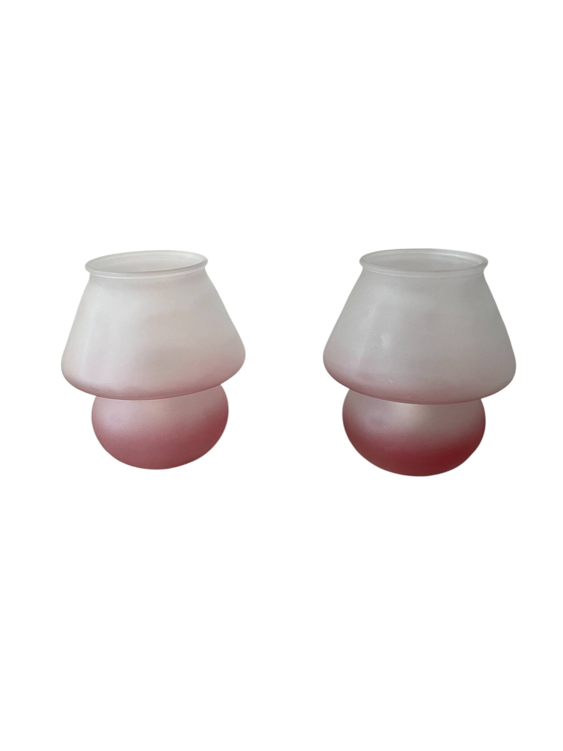 Pair of frosted pink glass mushroom lamps