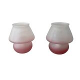 Pair of frosted pink glass mushroom lamps