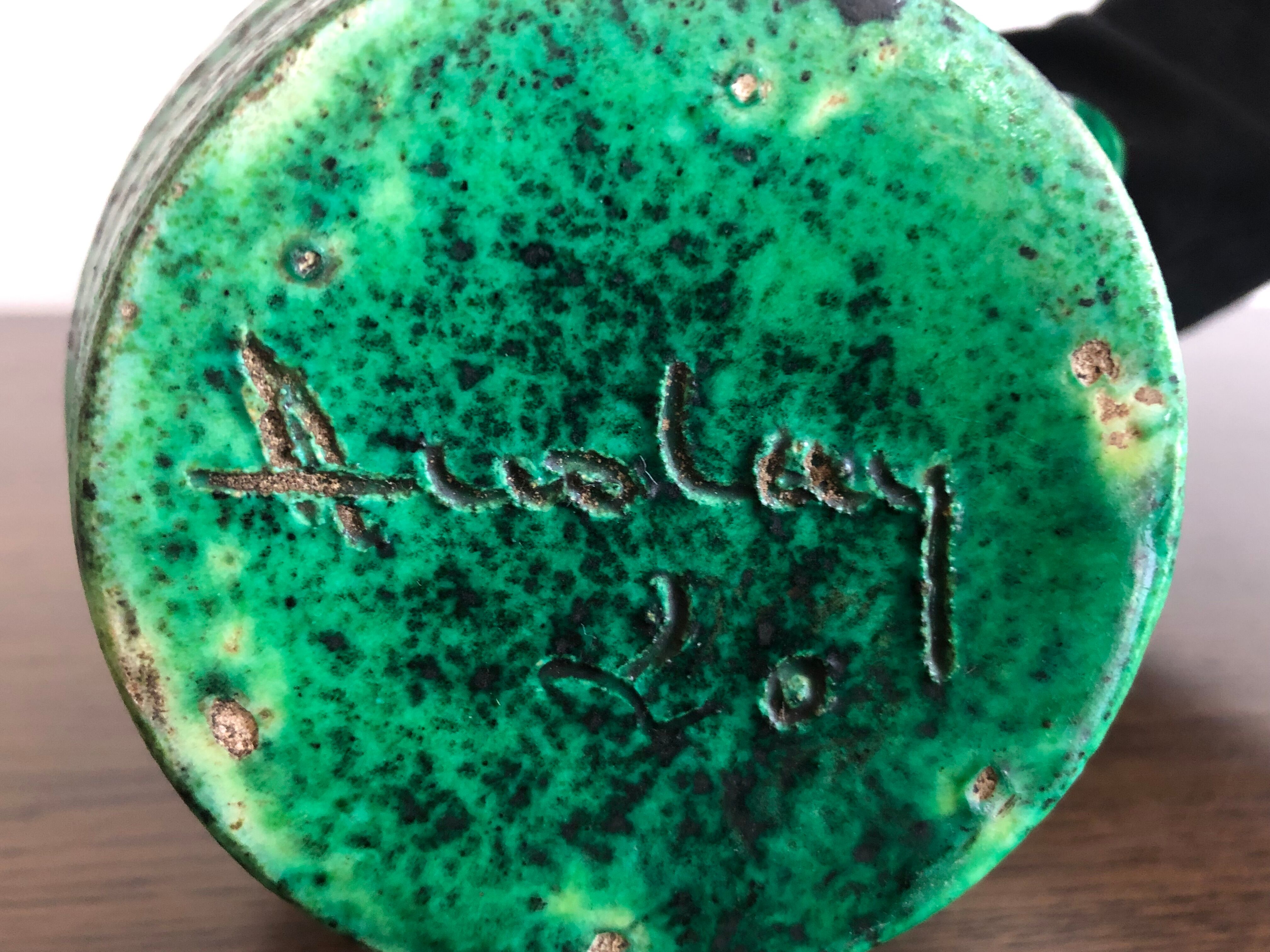 Accolay ceramic pitcher green and yellow speckled with twisted handles, 60s