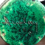 Accolay ceramic pitcher green and yellow speckled with twisted handles, 60s