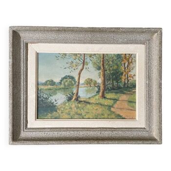 1940s French Landscape oil painting on canvas River, trees and path