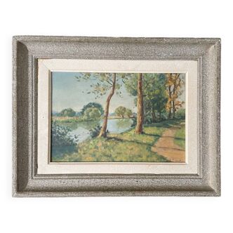 Paysage français des années 1940 Peinture à l’huile sur toile Rivière, arbres et chemin