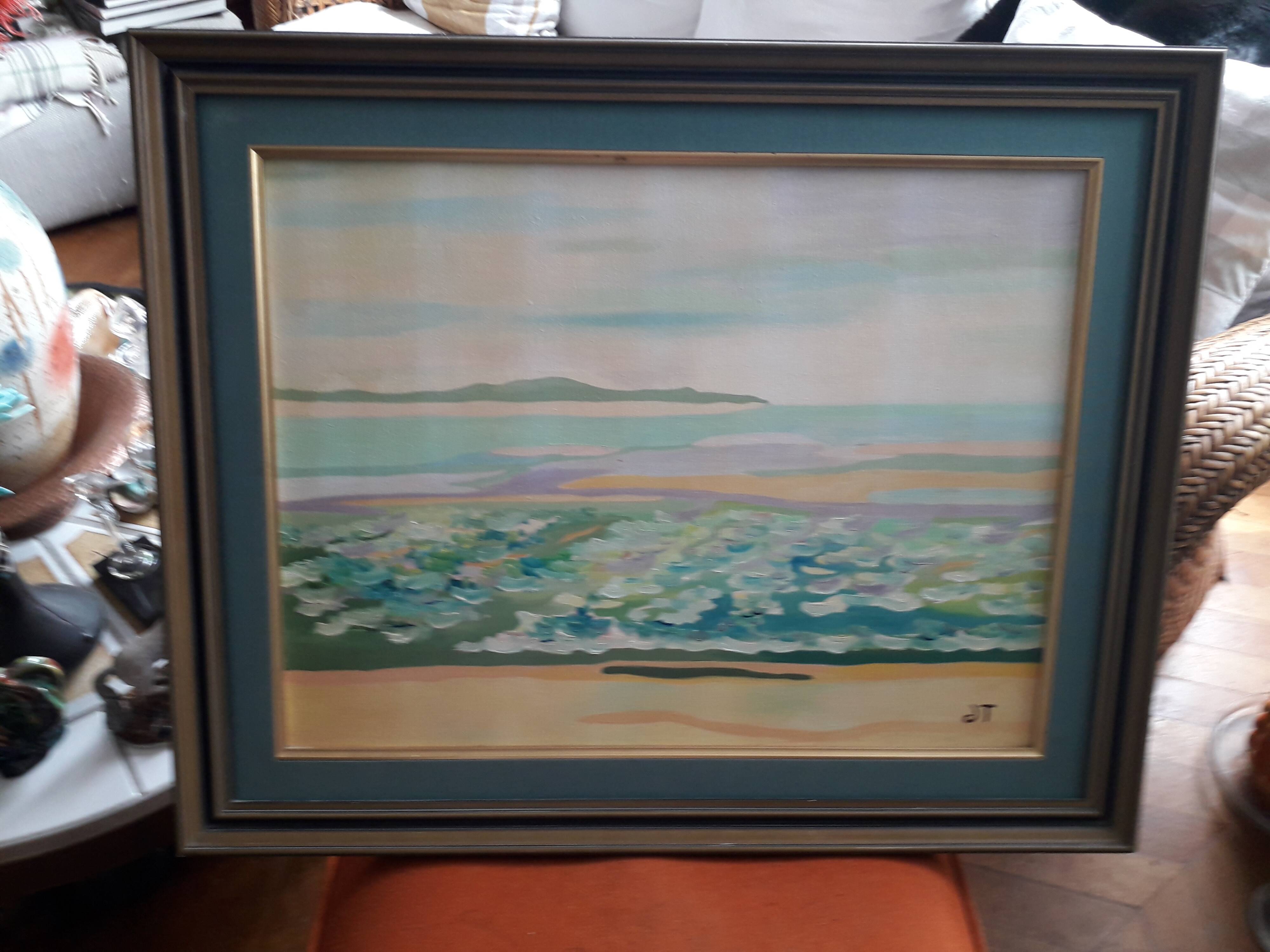 Antique oil painting depicting a seaside scene