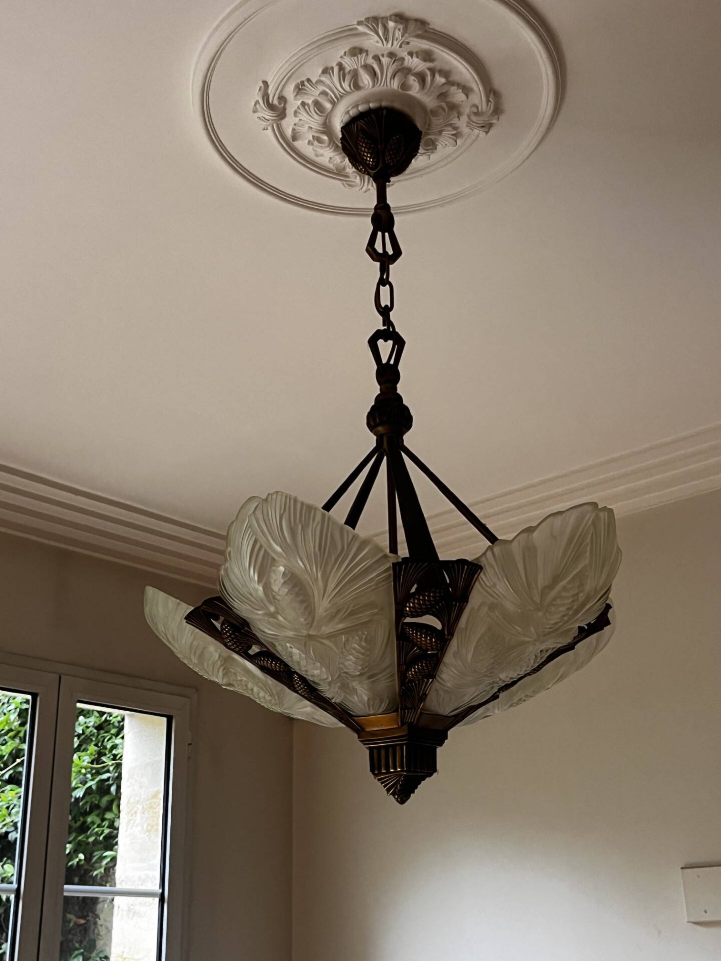 Opaline and brass chandelier