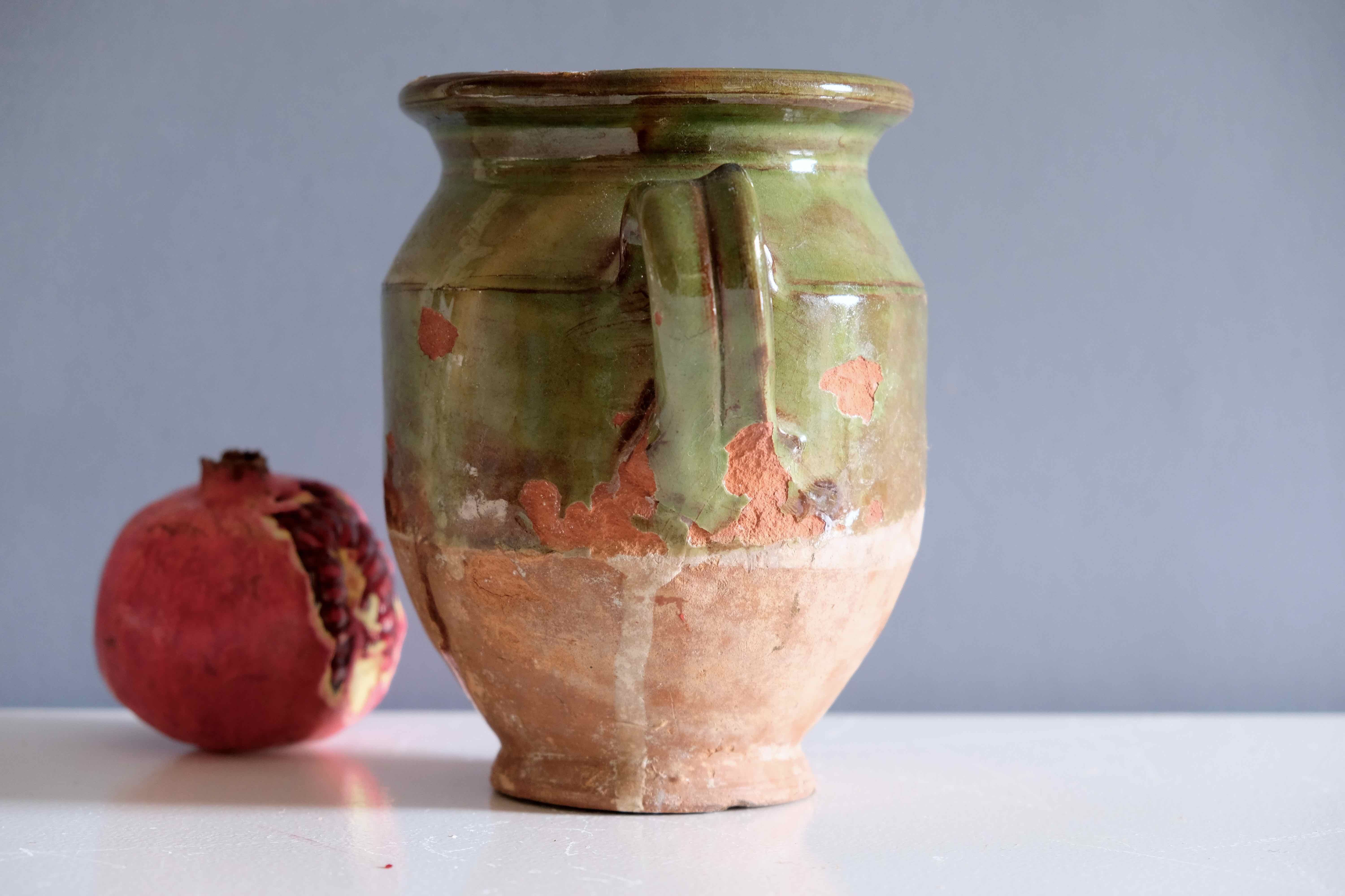 Terra cotta glazed Provencal old enameled antique olive jar
