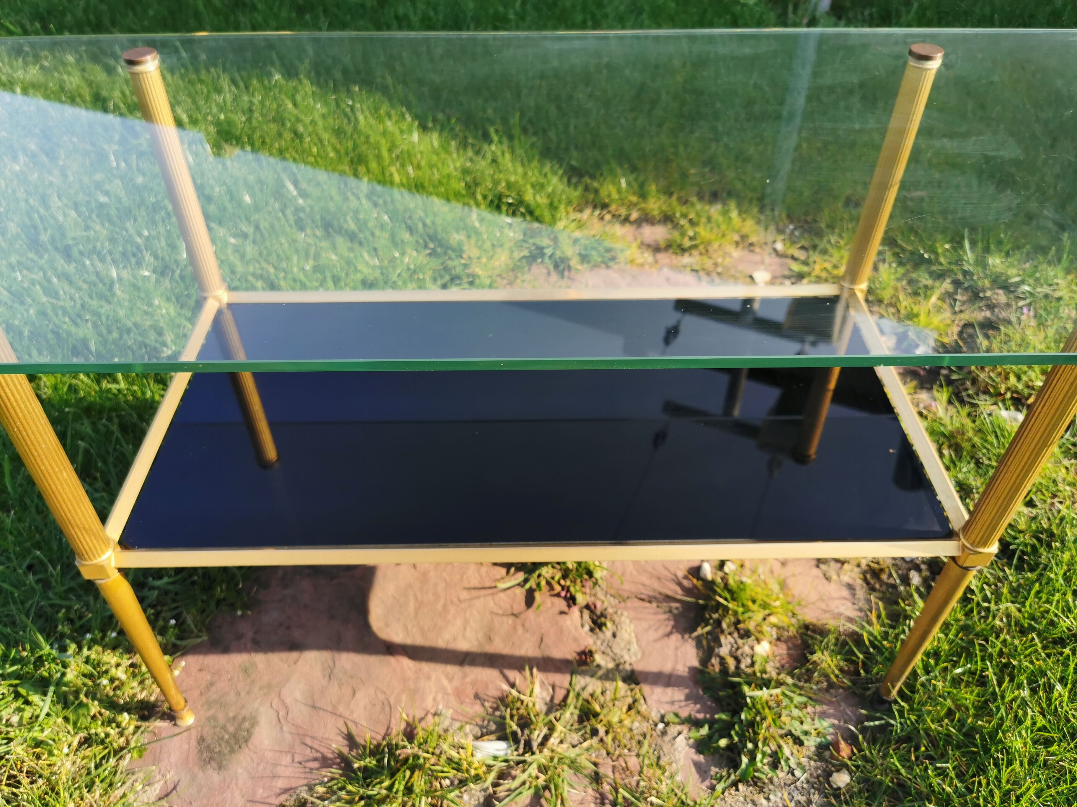 vintage coffee table, brass frame, glass and mirror tray, 50/60'S, 15 photos