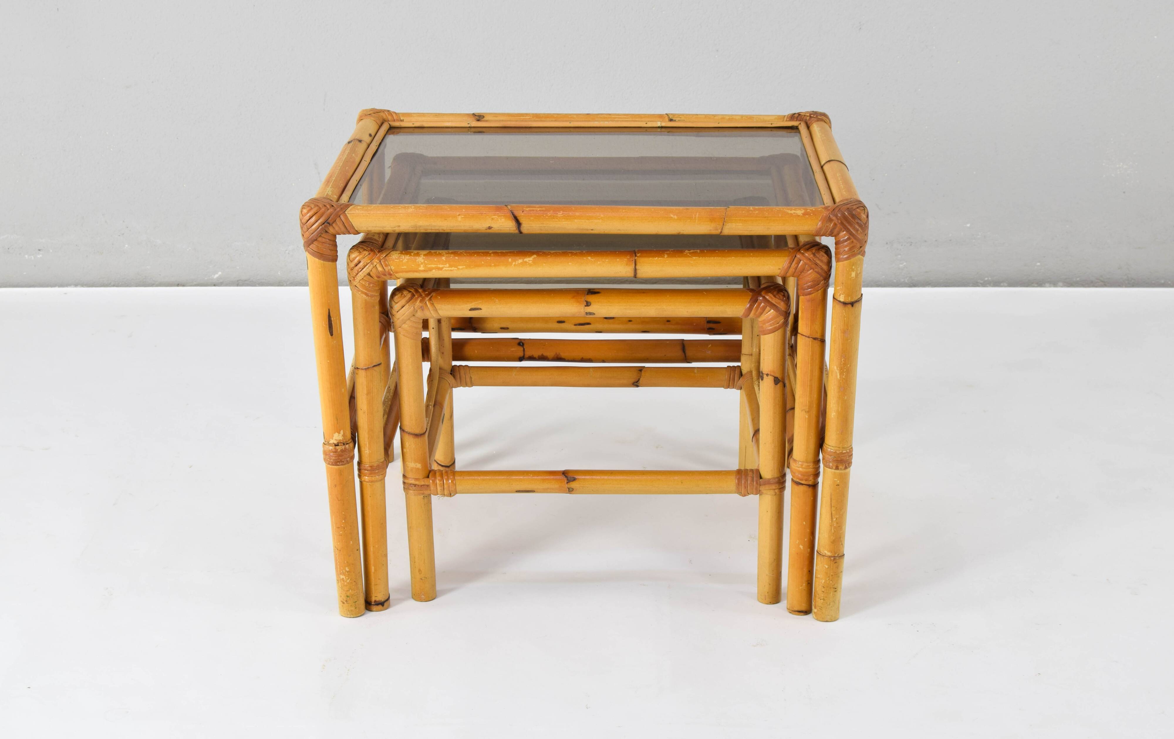 Set of three bamboo and smoked glass nesting tables Spain 70s