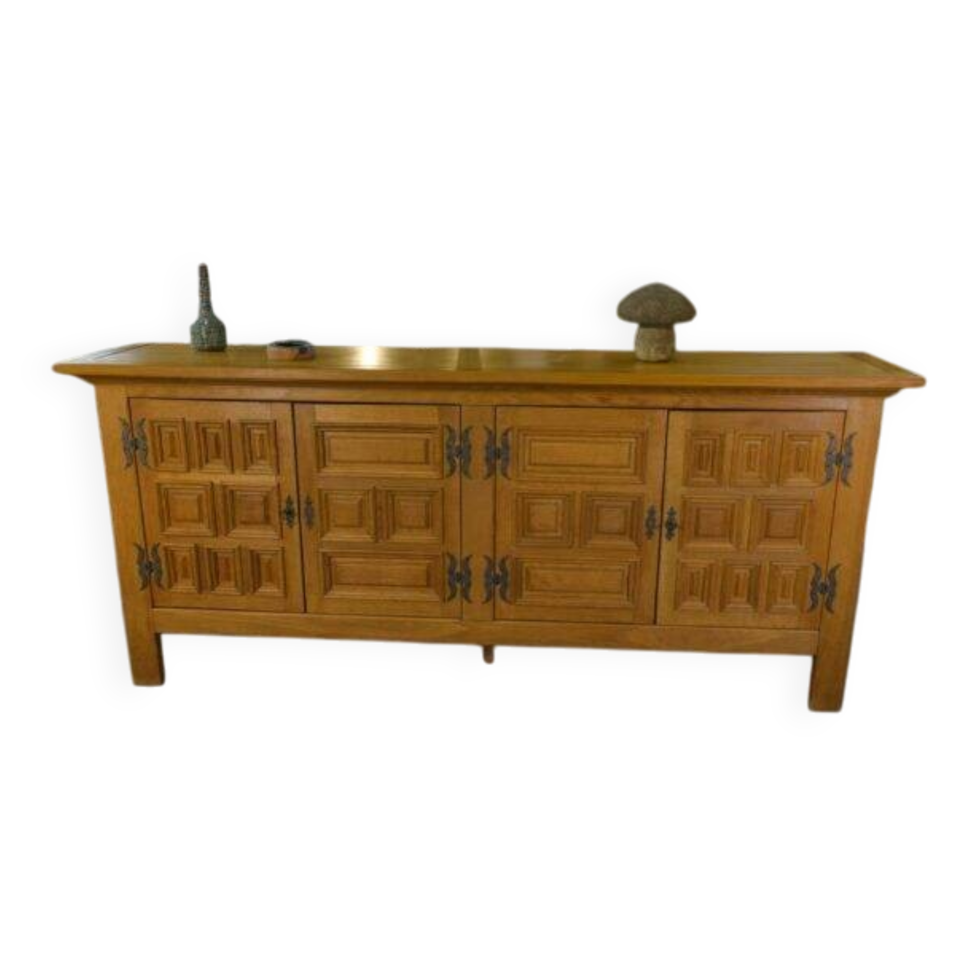 Large 4-door sideboard in solid oak and wrought iron, rustic style, 1960s