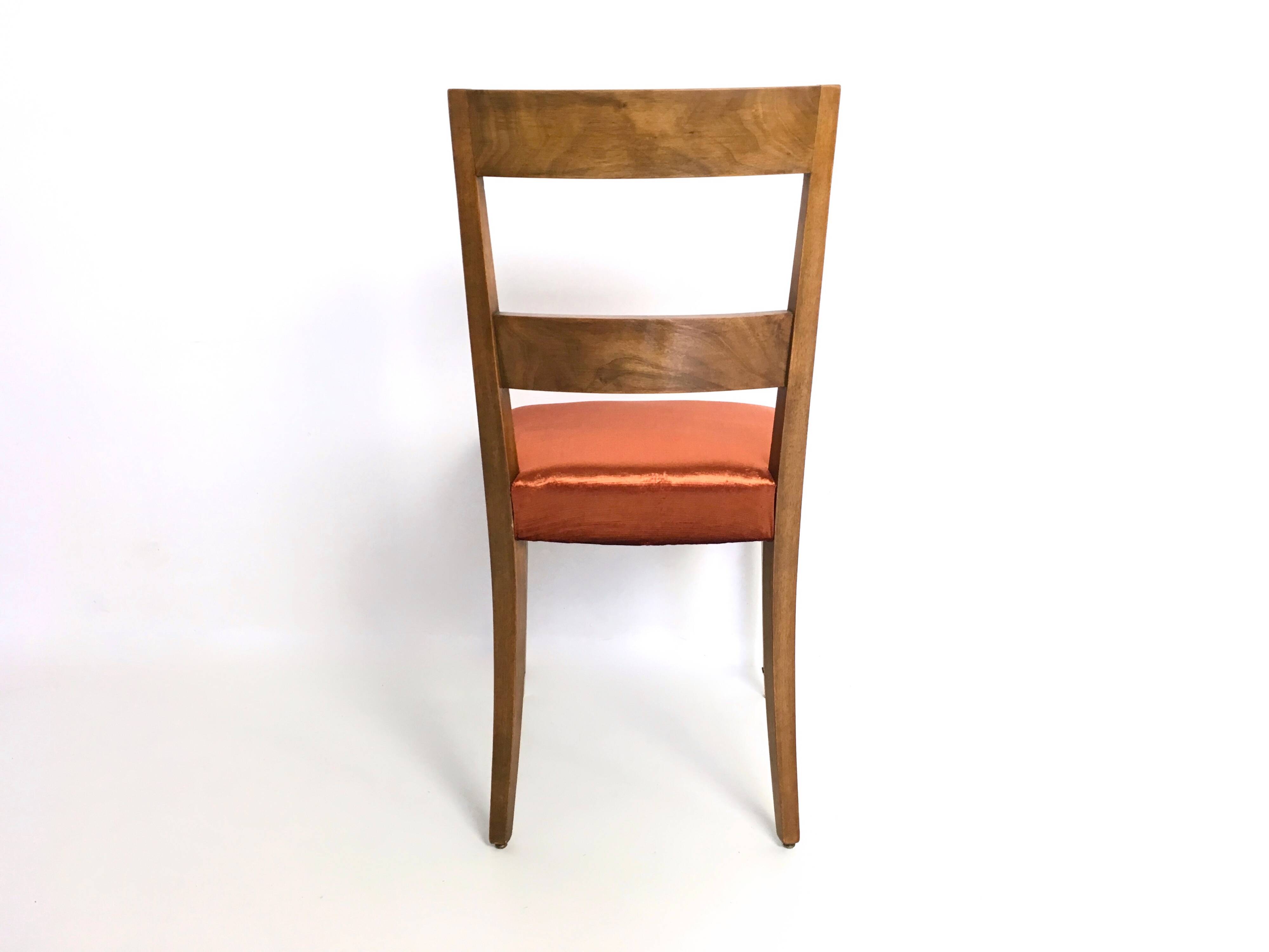 Set of Ten Orange Fabric Upholstery and Walnut Dining Chairs, Italy