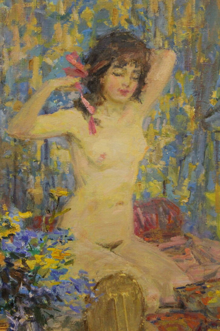 Oil on canvas young woman with a pink knot by riasnianski