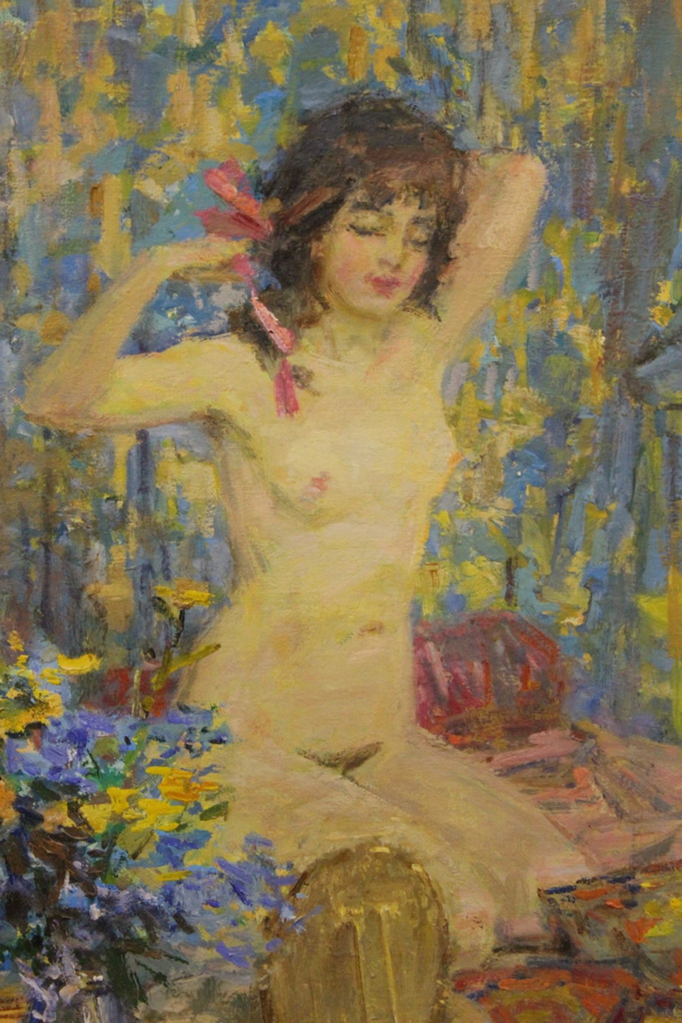 Oil on canvas young woman with a pink knot by riasnianski