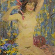 Oil on canvas young woman with a pink knot by riasnianski
