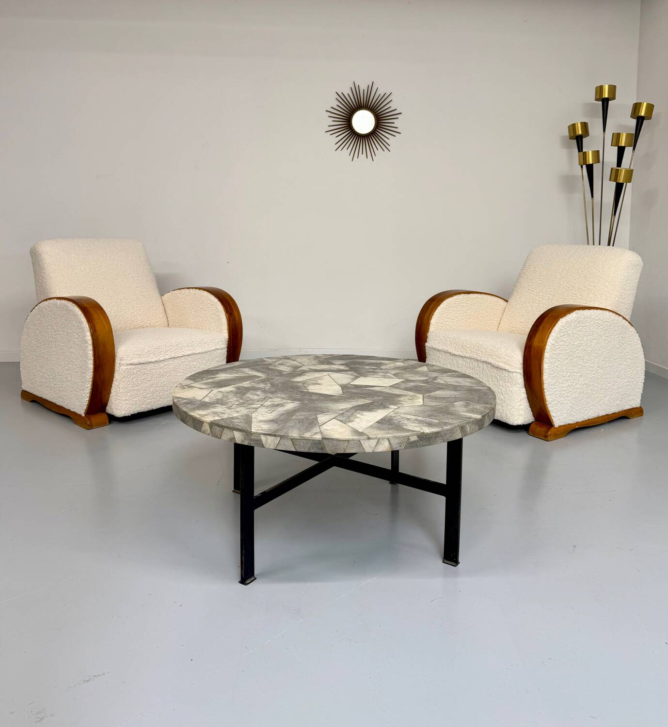 2 antique Art Deco club chairs from the 1930s, bentwood frame, bouclé fabric